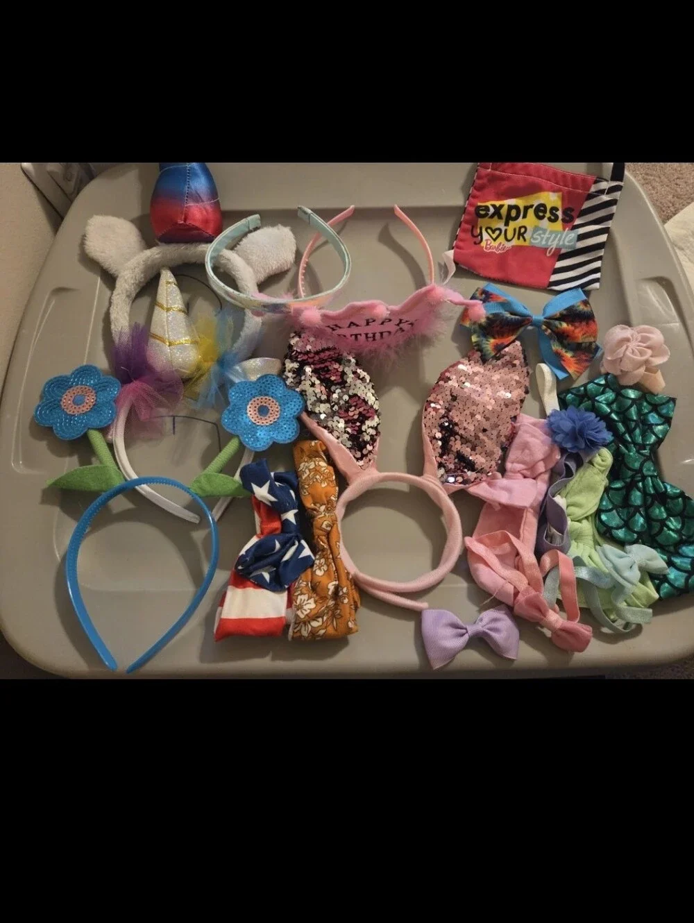 Lot huge bundle of hair accessories headbands & bows birthday crown & barbiebag